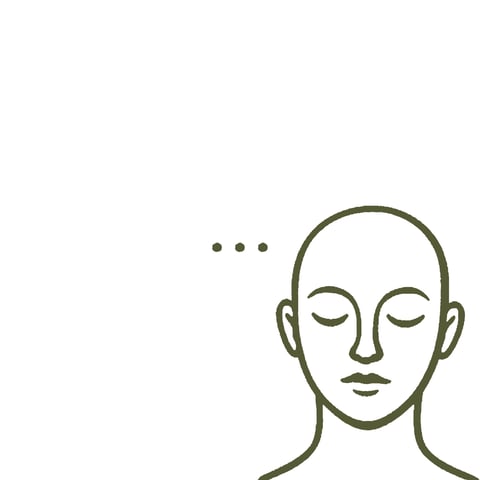 Minimalist line drawing of a persons head with eyes closed and three dots nearby, representing meditation or mindfulness